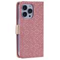 iPhone 16 Pro Lace Pattern Lompakkokotelo - Ruusukulta