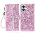 iPhone 16 Tyylikäs Glitter lompakkokotelo - vaaleanpunainen