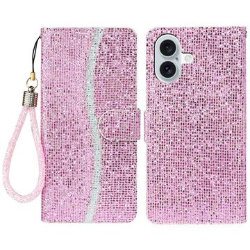 iPhone 16 Tyylikäs Glitter lompakkokotelo - vaaleanpunainen