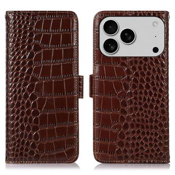 iPhone 17 Pro Crocodile Lompakkomallinen Nahkakotelo kanssa RFID - Ruskea