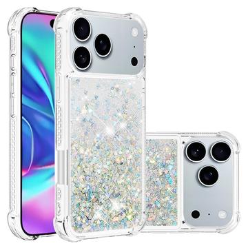 iPhone 17 Pro Glitter Quicksand TPU kotelo - hopea sydämet