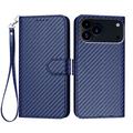 iPhone 17 Pro Max Premium lompakkokotelo hihnalla - Hiilikuitu tekstuuri - Hiilensininen