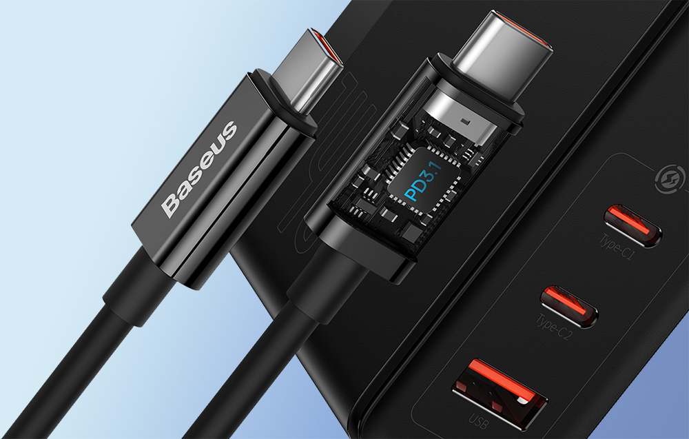 Baseus GaN5 Pro 140W seinälaturi ja USB-C latauskaapeli - 2xUSB-C, USB-A - musta