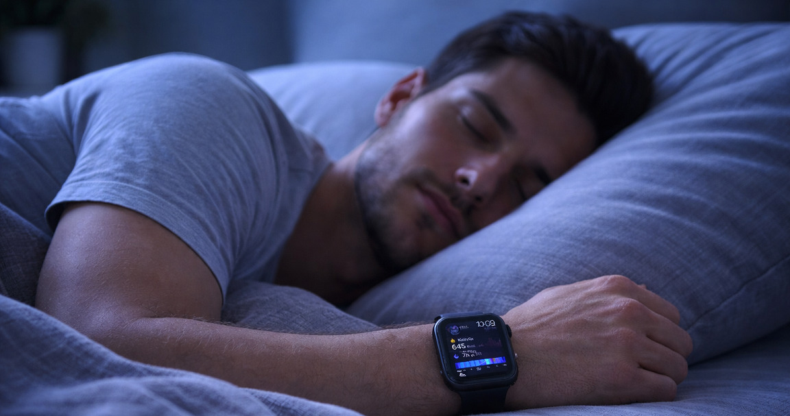 henkil&ouml; nukkuu &auml;lykello k&auml;dess&auml; joka mittaa unta ja univaiheita y&ouml;ll&auml;