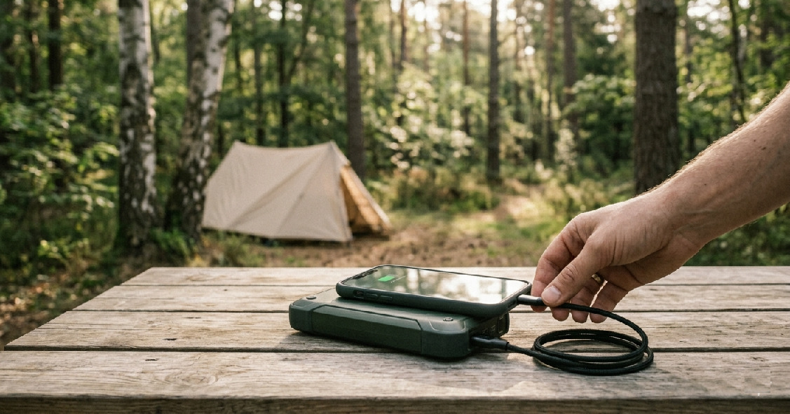 Varavirtal&auml;hde lataa puhelinta luonnossa retken aikana