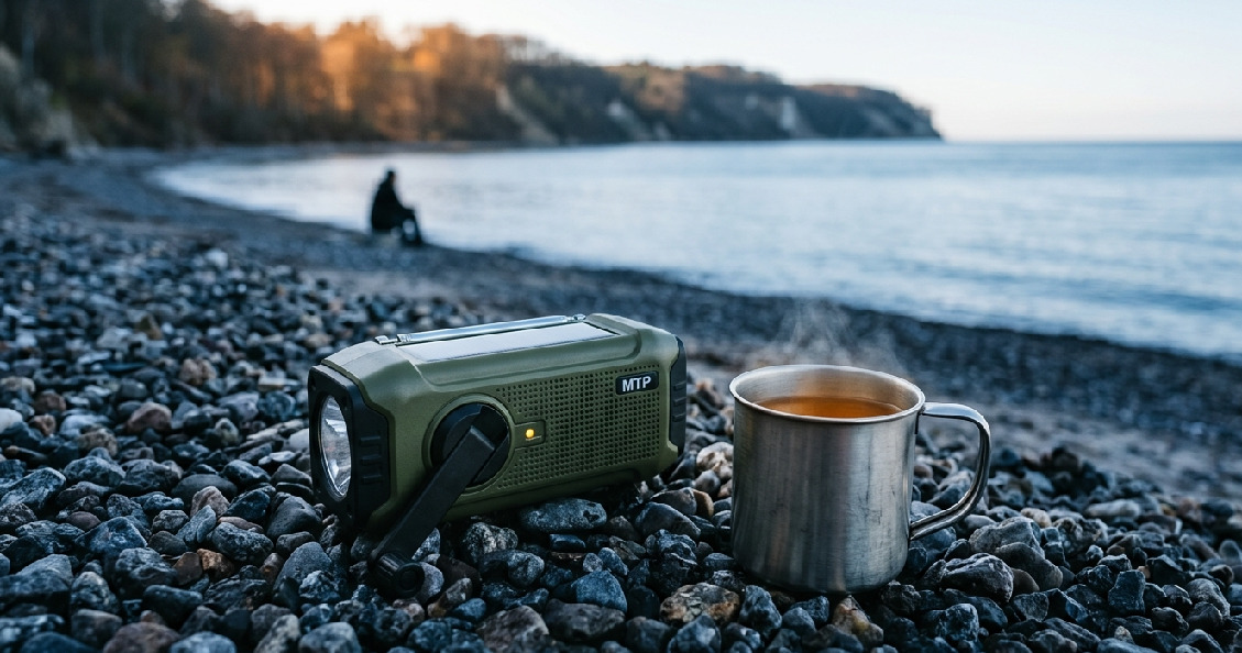 Minimalistinen retkeilyasetelma luonnossa puhelimen ja kahvin kanssa