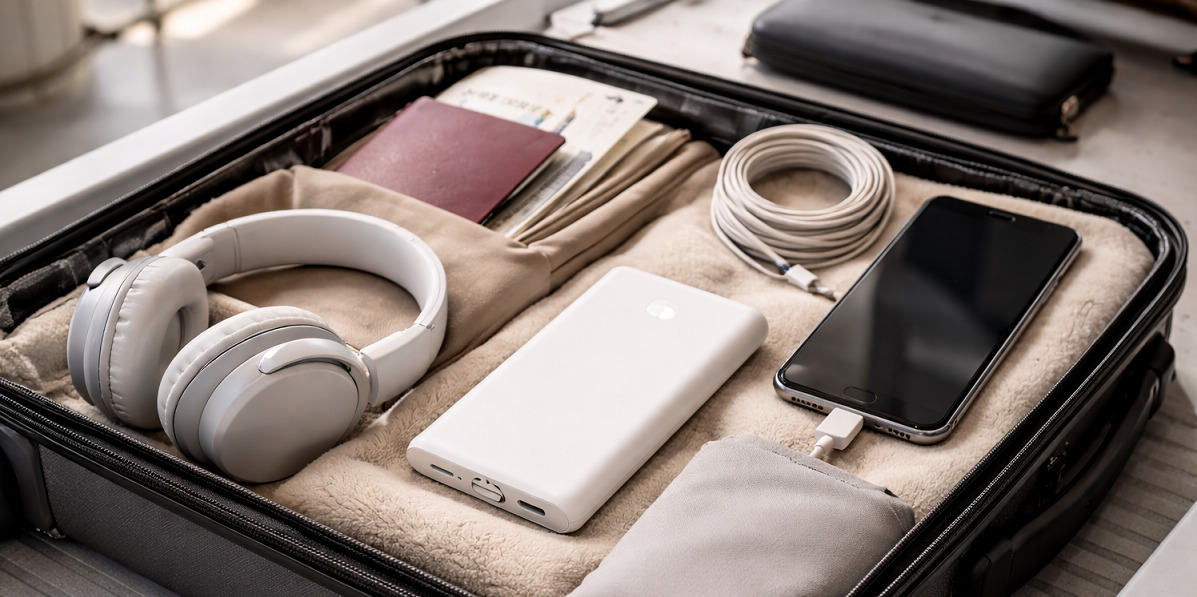 20 000 mAh varavirtal&auml;hde k&auml;simatkatavaroissa passin ja matkatarvikkeiden kanssa