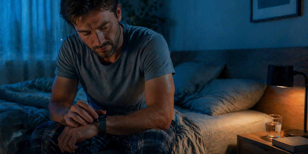 Henkil&ouml; katsoo huolestuneena &auml;lykellon unitulosta y&ouml;ll&auml;